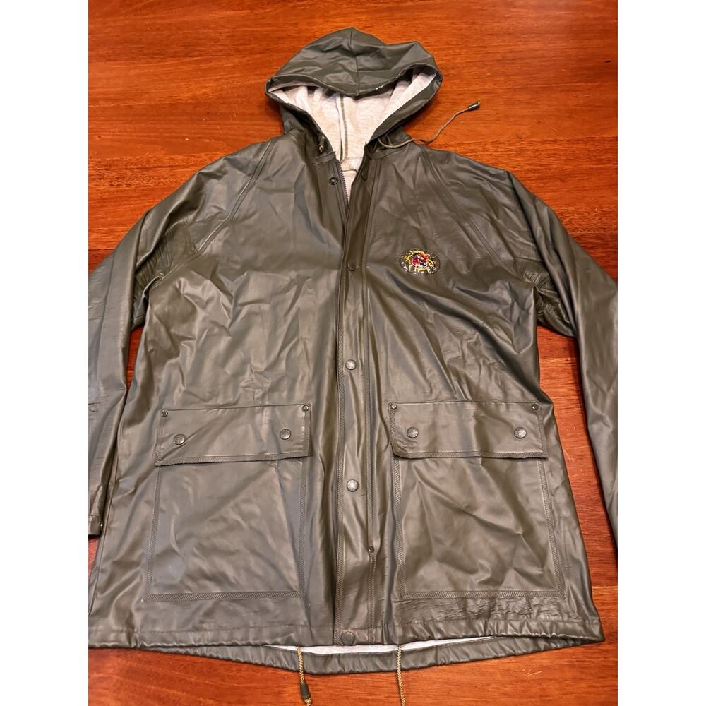 L Stearns Dry Wear PVC Hooded Rain Coat Dark Green Crest Logo